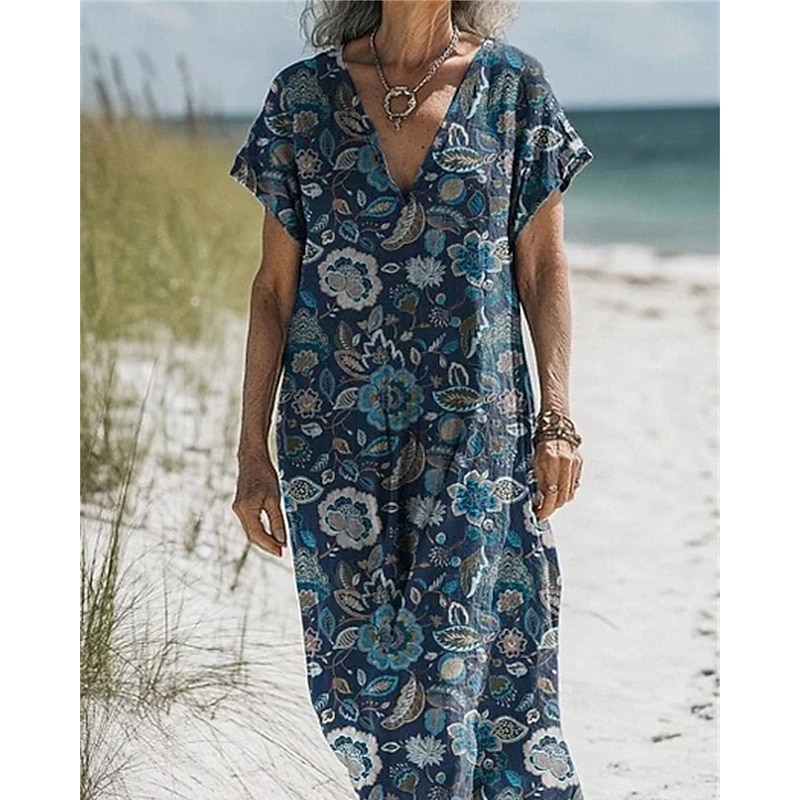 Women's Long Dress Maxi Dress Cotton Linen Dresses Casual Dress Boho Dress Western Dress Fashion Outdoor Party Holiday Regular Fit Flower Short Sleeve V Neck Black Blue Purple Brown Summer4