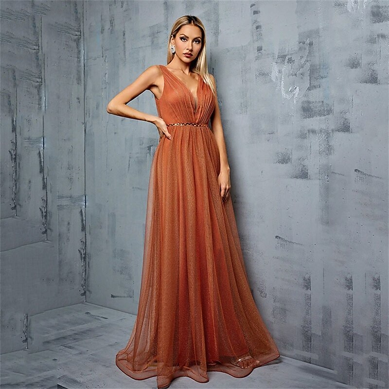 A-Line Quinceanera Dresses Elegant Dress Performance Wedding Floor Length Sleeveless V Neck Chiffon with Pleats