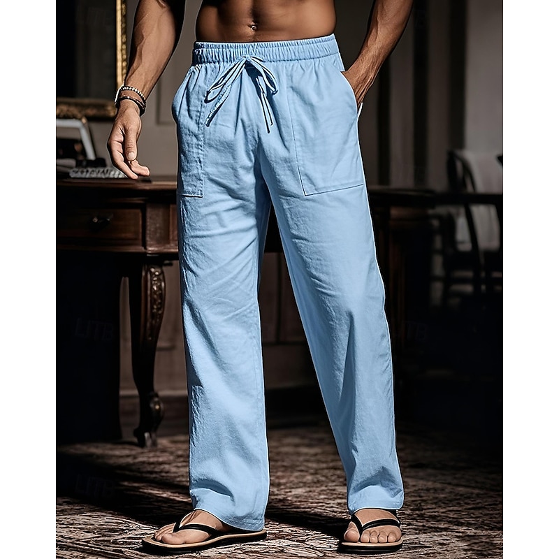 Men's Cotton Pants Pocket Drawstring Elastic Waist Plain Comfort Breathable Vacation Beach Boho Black White