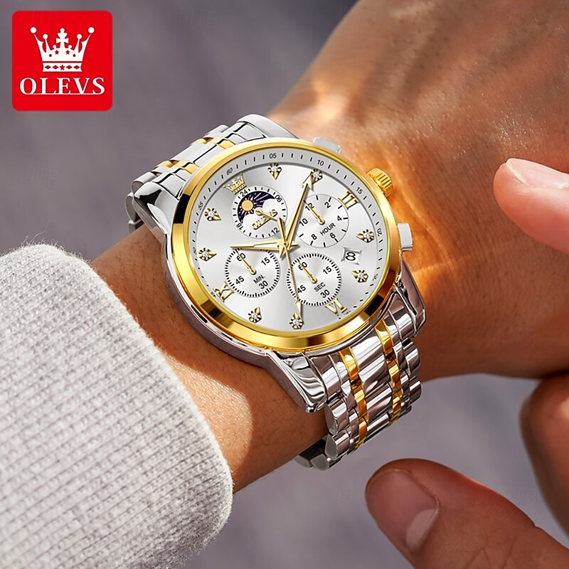 OLEVS 3655 Moon Phase Classic Three Eye Dial Men's Watch Stainless Steel Watch for Male Butterfly Buckle Waterproof Quartz watch3