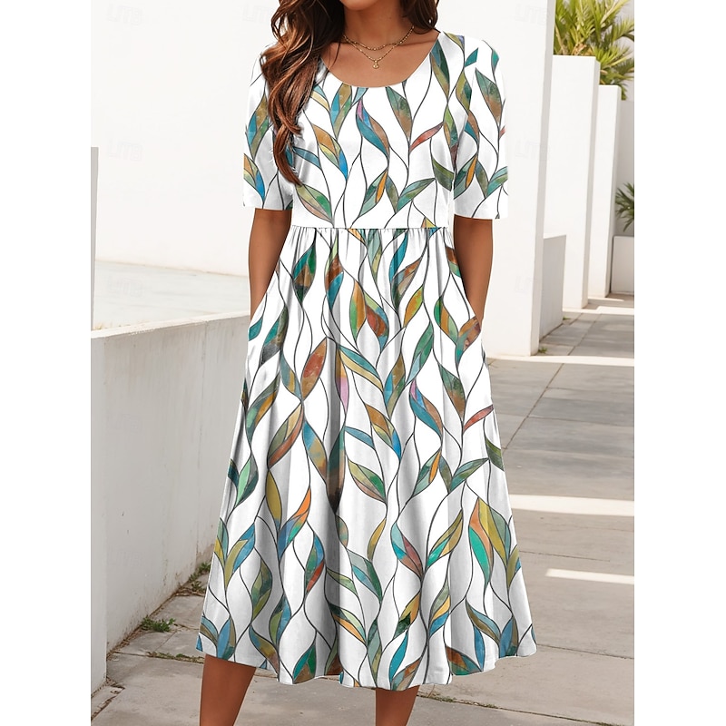 Women's Midi Dress Summer Dress Pleated Dress Vacation Casual Beach Daily Holiday Regular Fit Floral Graphic Short Sleeve Crew Neck White Red Blue Green Summer4