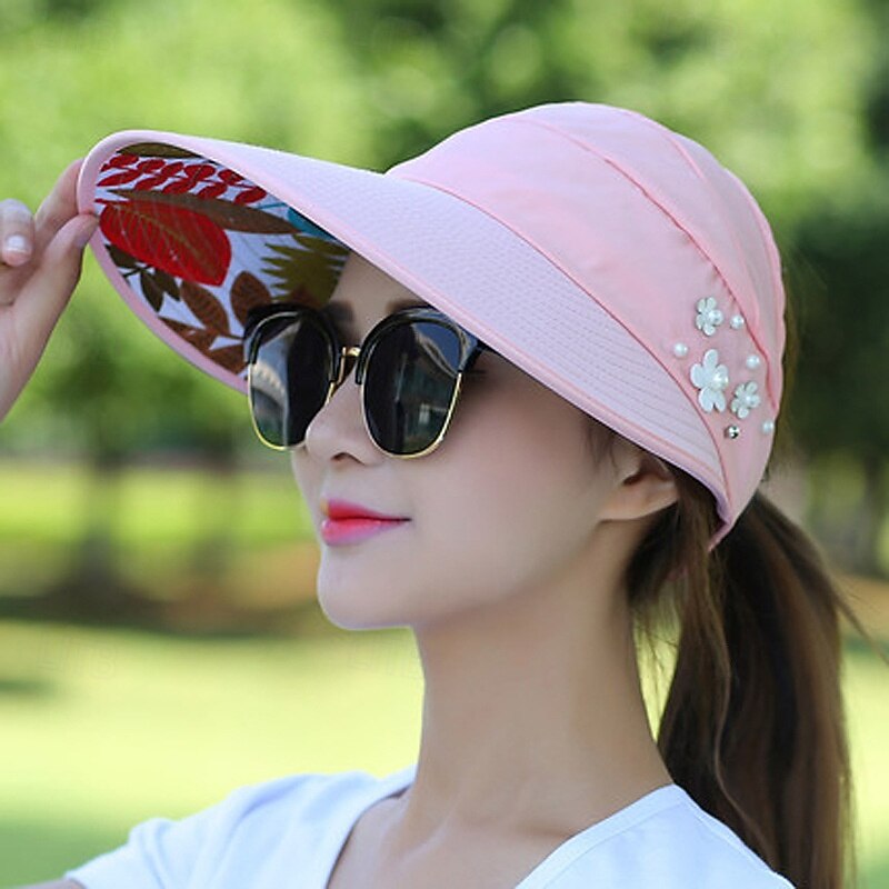 Summer Foldable Sunscreen Hat Wide Brim Women Solid Color Beads Flower Decor Sun Hat Visors Outdoor Sports Cap4
