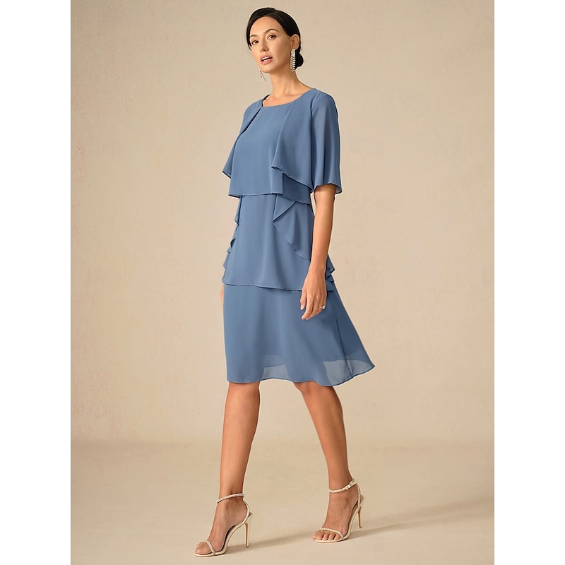 Women's Wedding Guest Cocktail Dress Ruffle  Elegant Layered Midi Summer Spring Dress Crew Neck Half Sleeve Midi Dress Blue3