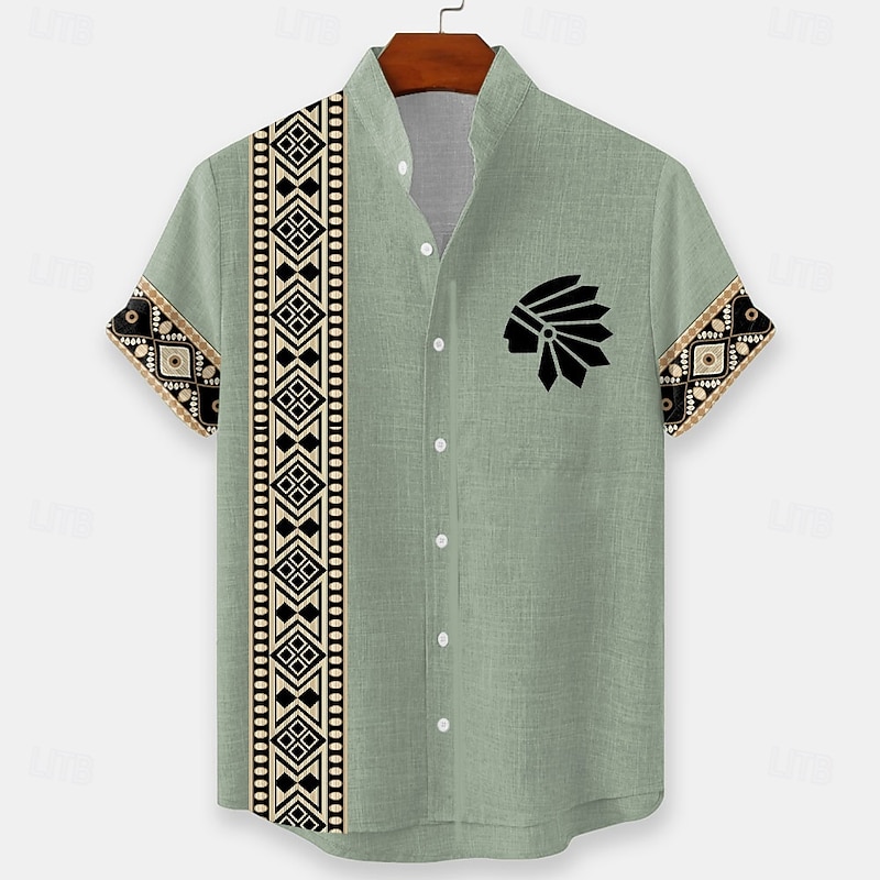 Men's Geometric Indian Ethnic Shirt Button Up Shirt Stand Collar Shirt Short Sleeve Vintage Retro Vacation Dailywear Beach Wear Summer Spring Mandarin Collar 3D Print Linen Like Shirt Yellow Light4