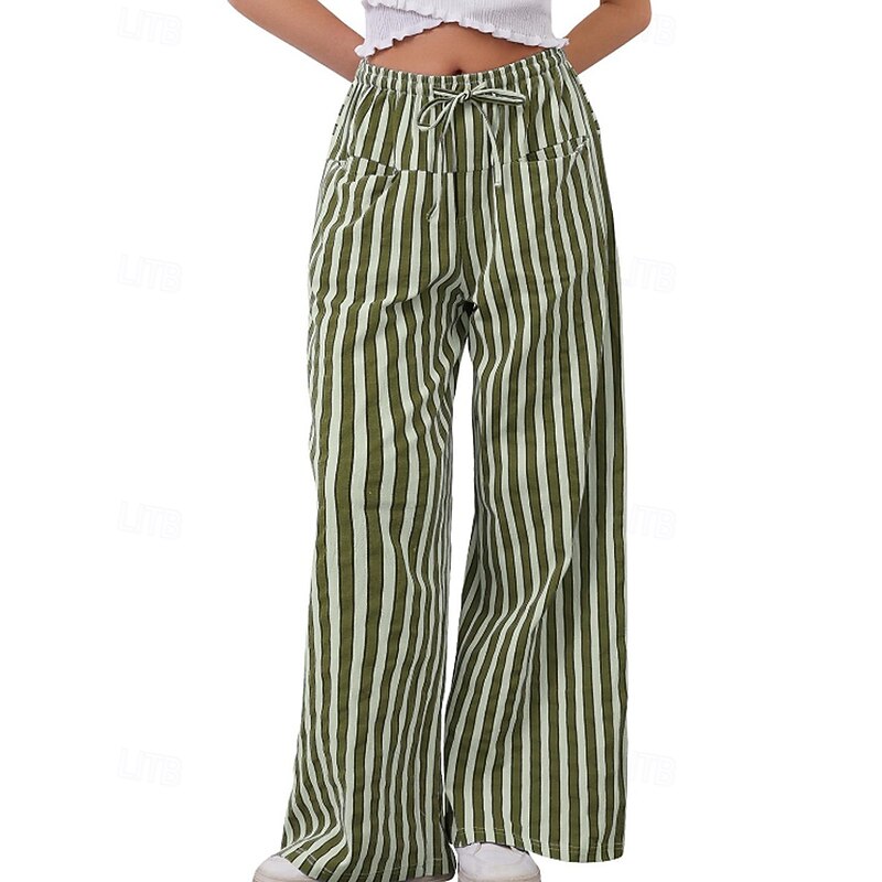 Women's Culottes Wide Leg Slacks Pants Trousers Streetwear Casual Full Length Natural Striped Pocket Elastic Drawstring Design Outdoor Comfortable Casual Daily Weekend Magenta Rust Black Yellow Summer2