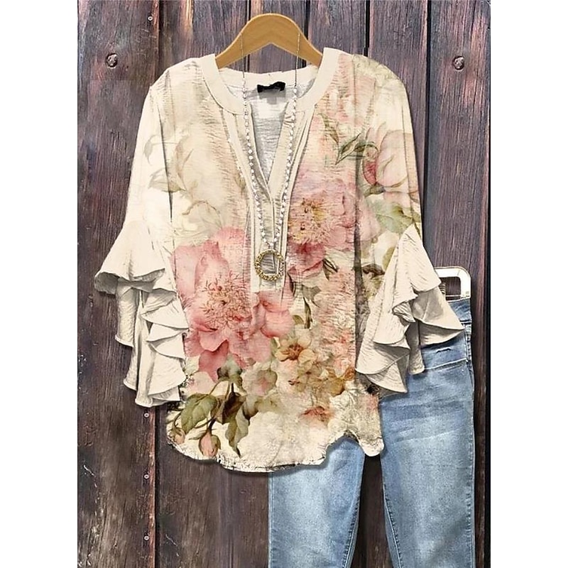 Women's Blouse V Neck Layered Ruffle Sleeve Tops Floral Graphic Paisley Daily Stylish Casual 3/4 Length Sleeve Regular Tops Daily Holiday Vacation Wear Print Yellow Pink Blue Dusty Blue Summer Spring2