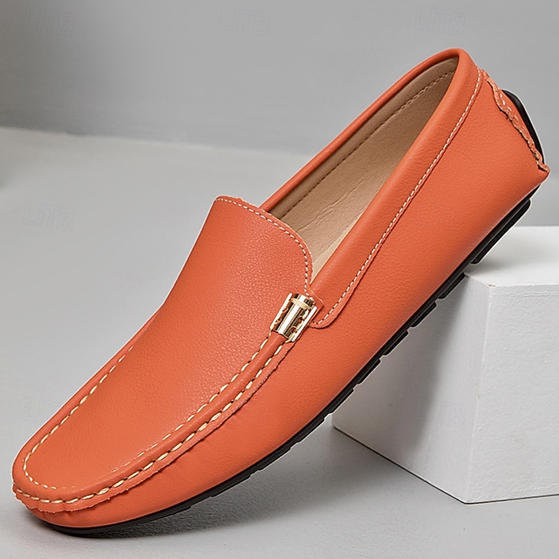 Men's Orange Leather Slip-On Loafers with Gold Zipper Detail, Comfortable Casual Shoes, Perfect for Everyday Wear and Vacation Adventures