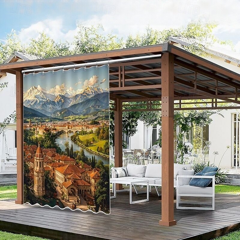 Waterproof Outdoor Curtain Privacy, Sliding Patio Curtain Drapes, Pergola Curtains Grommet 3D Landscape City View For Gazebo, Balcony, Porch, Party, 1 Panel2