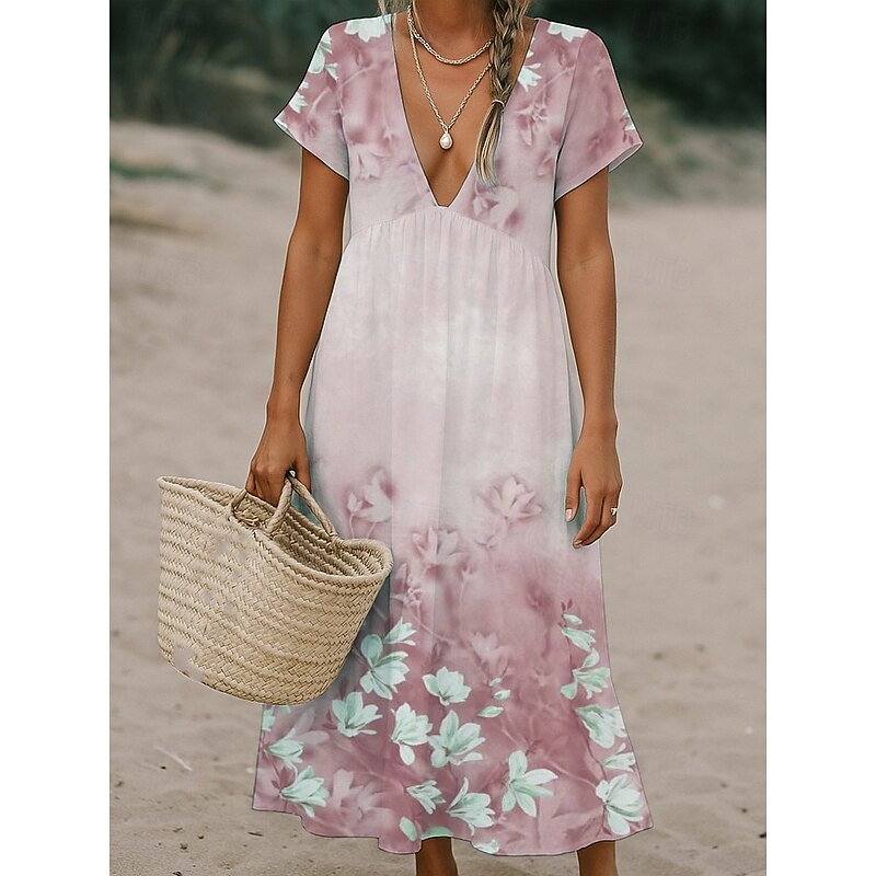 Women's Midi Dress Casual Dress Hot Daily Date Loose Fit Flower Short Sleeve Deep V Light Green Pink Blue Light Purple Summer2