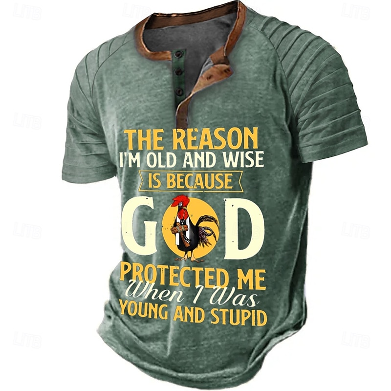 Mens Green Short Sleeve Henley Graphic T-Shirt, Funny 'Old & Wise Because God Protected Me When Young & Stupid' Quote Humor Top - Main Image