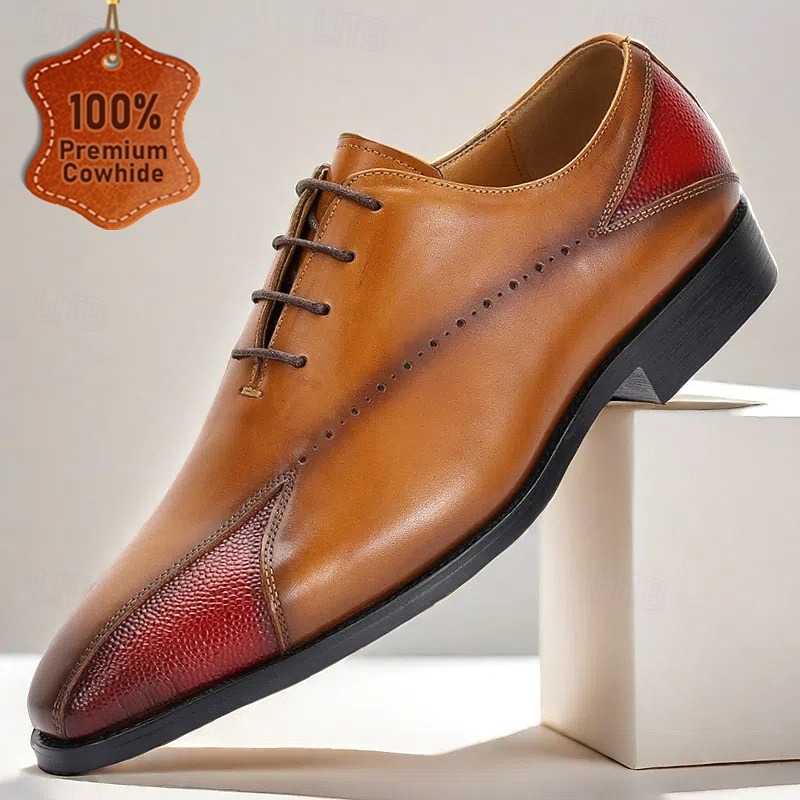 Men's Two-Tone Brown and Red Leather Oxford Shoes – Luxury Prom and Gala Lace-Up Shoes for Formal Occasions