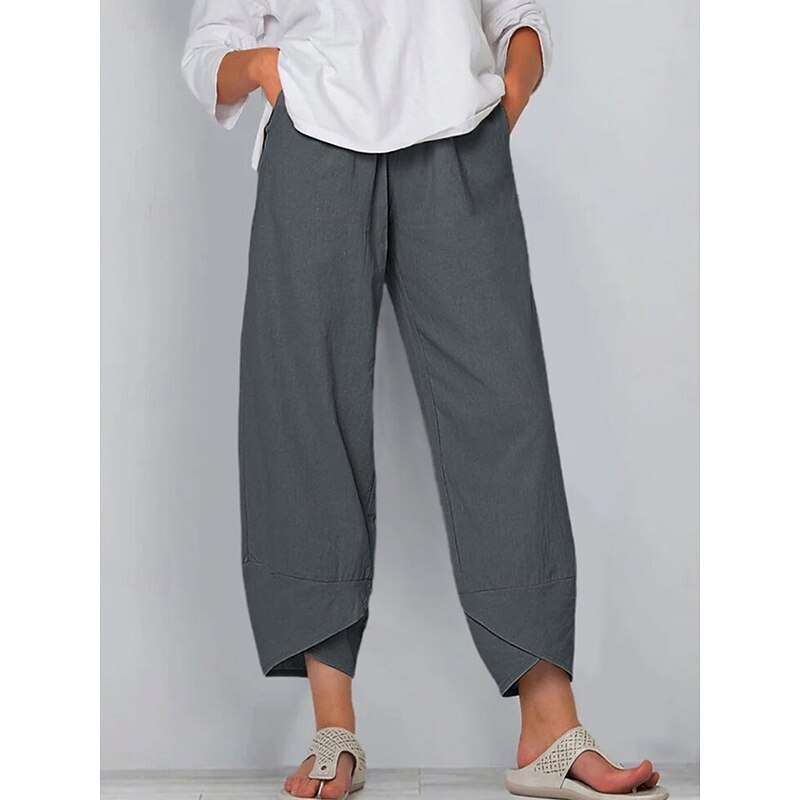 Women's Cotton Linen Pants Baggy Pants Linen Like Chinos Fashion Basic Full Length Medium Waist Plain Pocket Drawstring Comfort Outdoor Micro-elastic Vacation Street Daily Grey Black White Dark Navy4