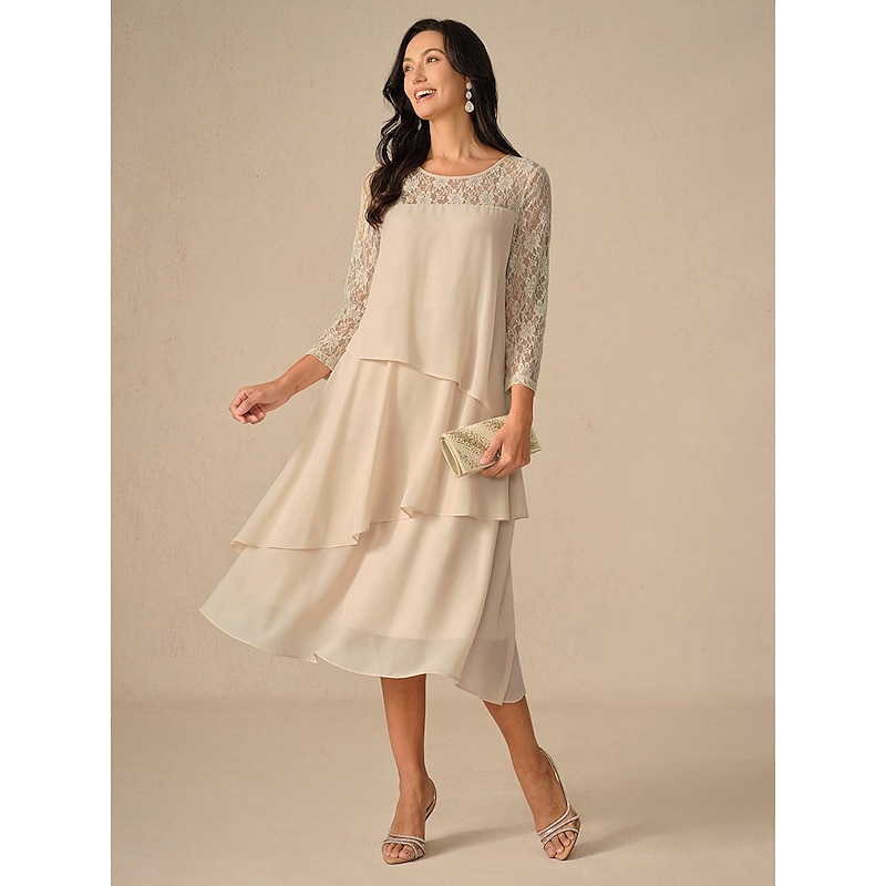 Women's Midi Dress Lace Dress Party Dress Cocktail Dress Wedding Guest Dress Elegant Party Vacation Wedding Guest Cocktail Party Regular Fit Solid Color 3/4 Length Sleeve Crew Neck Champagne Spring