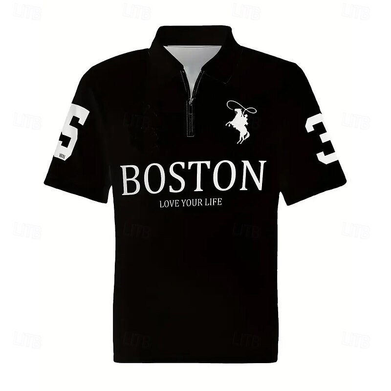 Men's Polo Shirt - BOSTON Love Your Life Graphic Short Sleeve with Zipper Collar2