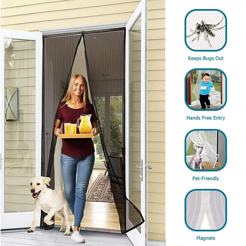 Hands Free Mesh Screen Door Net Door Magic Curtain with Heavy Duty Magnets Full Frame Velcro Mesh Curtain fit up to 34x82 Inches Door