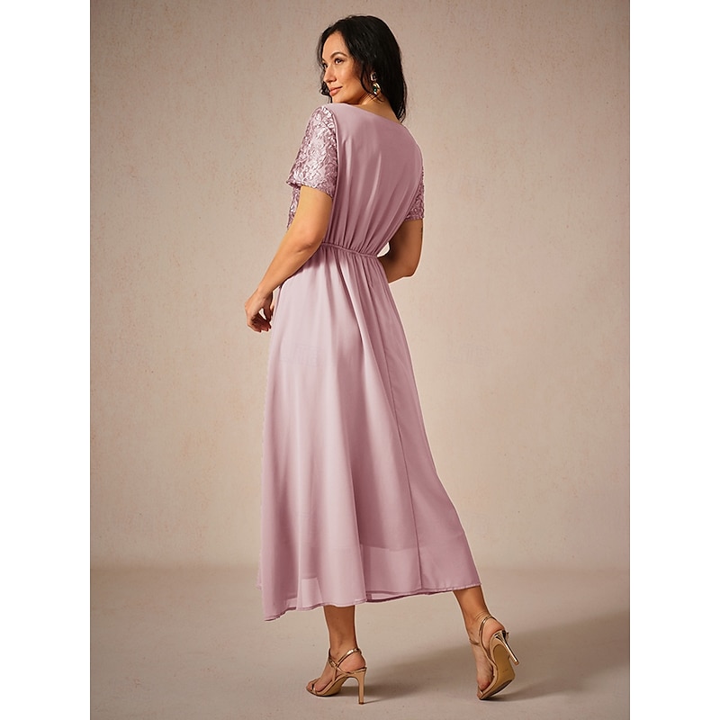 Women's Wedding Guest Cocktail Dress Maxi Dress Contrast Lace Party Elegant Formal V Neck Short Sleeve Pink Green Gray Color2