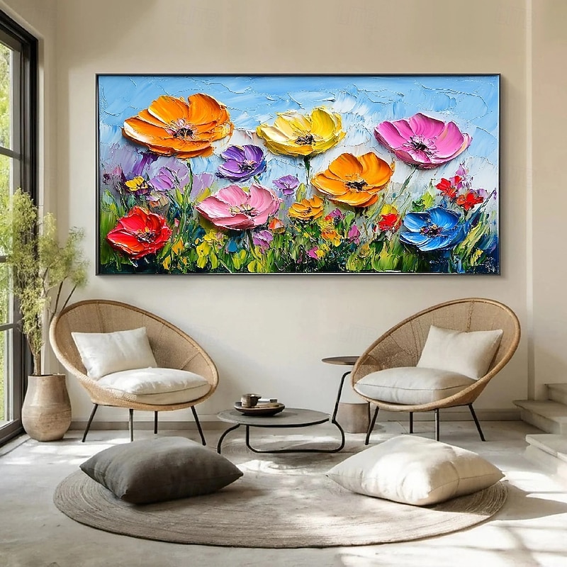 Handmade  Wildflowers Painting hand painted 3D Texture Blooming Flower Painting Canvas Extra Large Size Flora oil paintings Wall Art Botanical oil paintings Wall Art Decor Rose Artwork