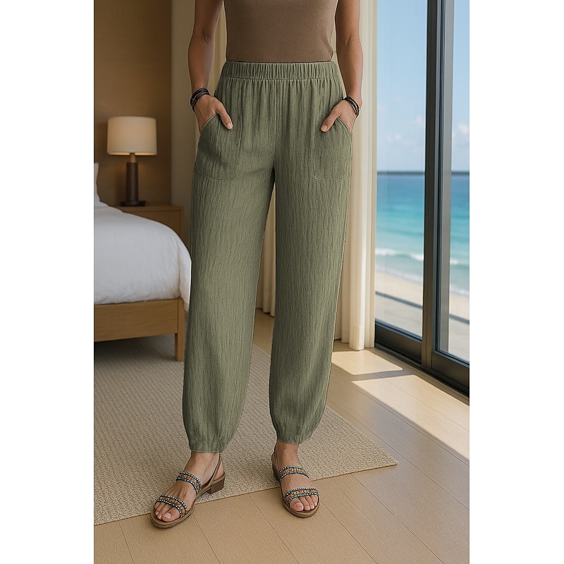 Women's Cotton Linen Pants Comfort Full Length High Waist Plain Pocket Elastic Waistband Comfy Outdoor Comfortable Street Daily Wear Going out Black White Navy Blue sky blue Summer Regular Fit4