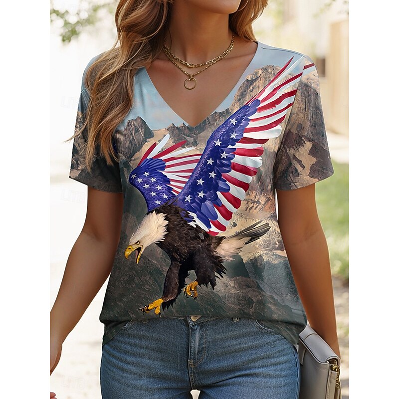 Free from Fear By Vincent Hie Women's T Shirt Graphic Animal American Flag Vintage Stylish Classic Short Sleeve V Neck Regular Tops Daily Weekend Print Blue Summer Spring - Main Image