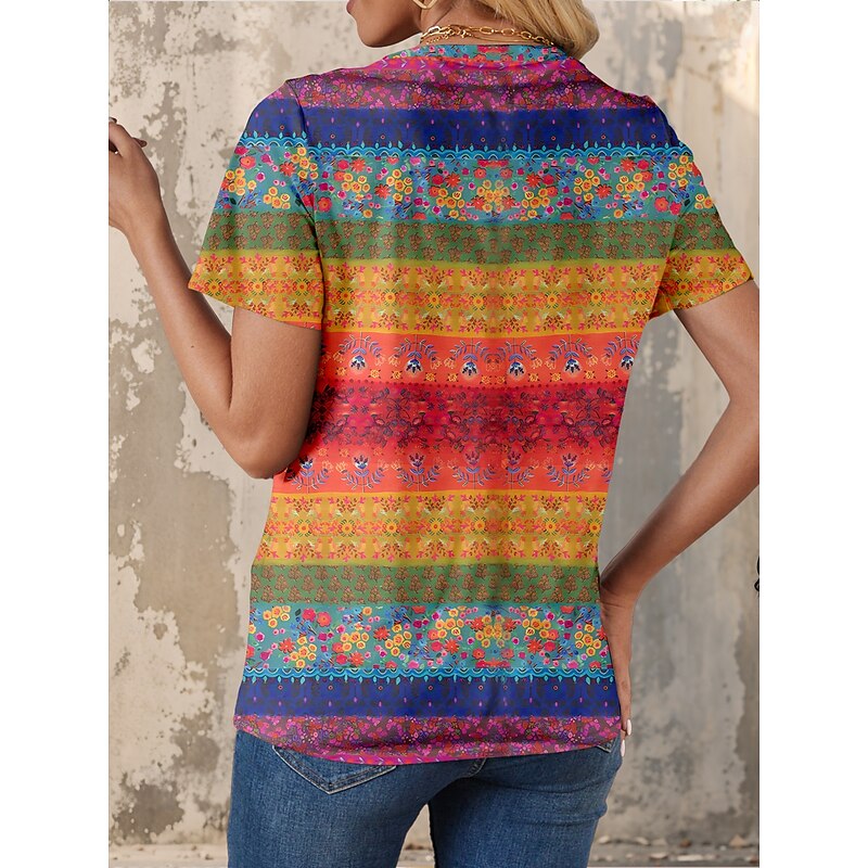 Women's T Shirt Graphic Geometric Color Block Stylish Casual Short Sleeve V Neck Regular Tops Daily Weekend Print Rainbow Summer Spring2