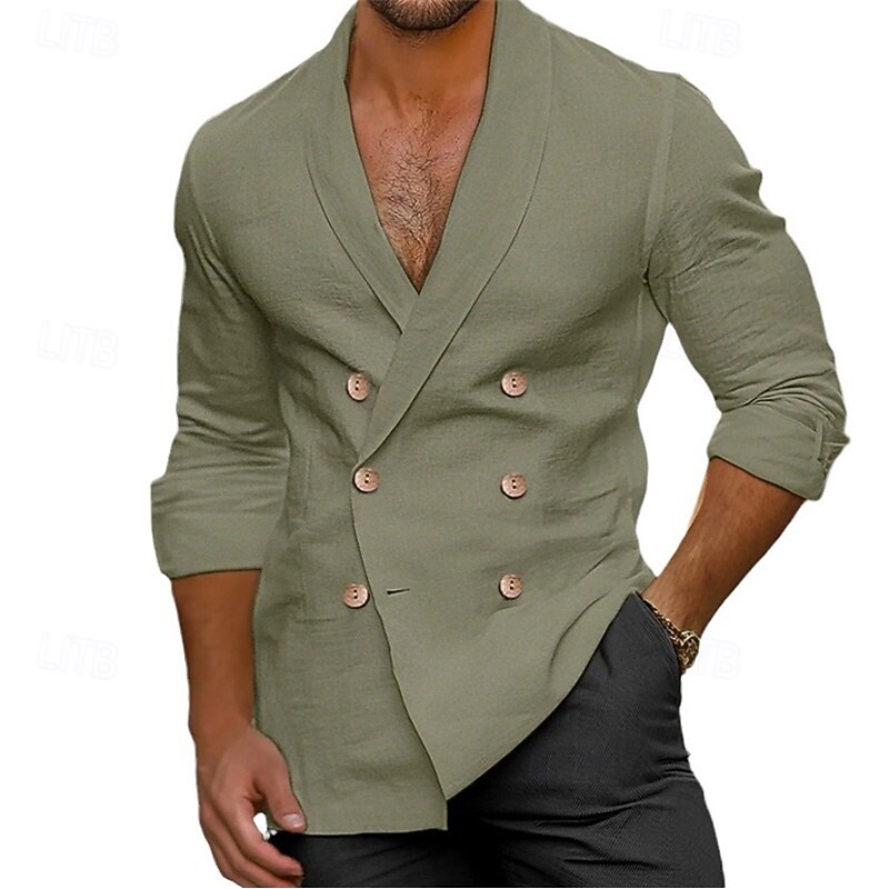 Men's Shirt Summer Shirt Casual Shirt Beach Shirt White Navy Blue Green Apricot Long Sleeve Plain Lapel Vacation Hawaiian Double Breasted Clothing Apparel Polyester Fashion Casual Comfortable2