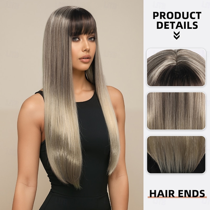 Synthetic Wig kinky Straight Natural Straight Layered Haircut Neat Bang Machine Made Wig 28 inch A1 Synthetic Hair Women's Comfortable Color Gradient Highlighted / Balayage Hair Blonde