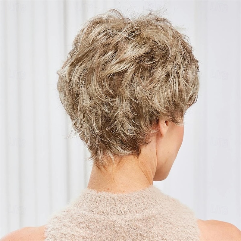 Light Blonde Mixed Off-White Short Pixie Cut Wigs for Women With Bangs Human-hair Like Texture Natural Layered Hair3