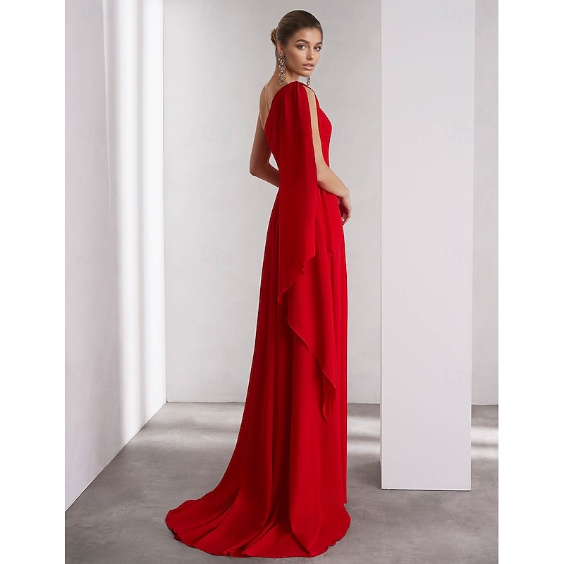 One Shoulder A-Line Chiffon Feather Evening Gown Elegant Dress Formal Floor Length Sleeveless Ruched Shawl4