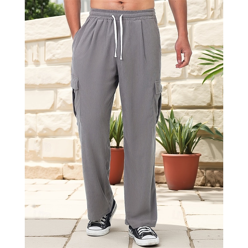 Men's Corduroy Pants Trousers Casual Pants Drawstring Elastic Waist Multi Pocket Plain Comfort Sports Outdoor Daily Fashion Casual Black Army Green Micro-elastic