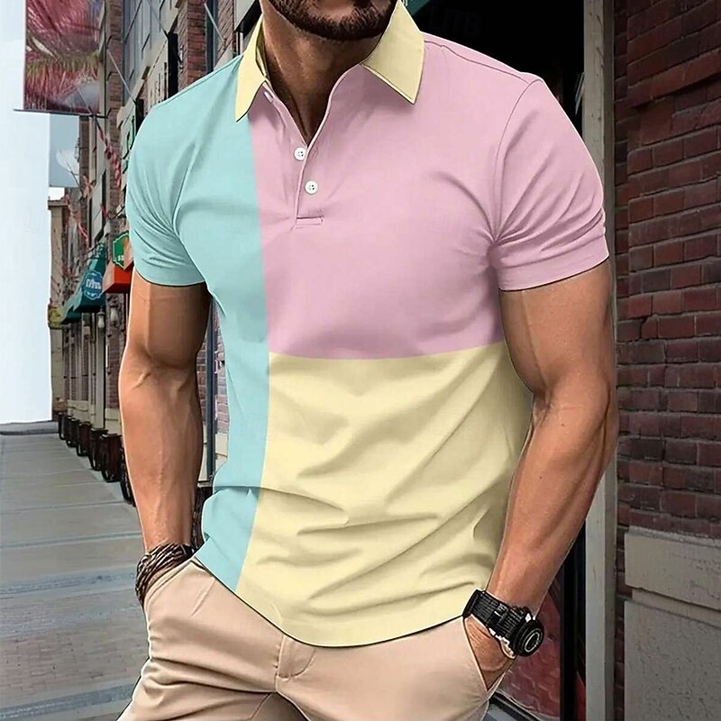 Men's Color Block Polo Short Sleeve Polo Shirts Collared Shirts Casual School Outdoor Daily Wear 3D Print Summer Pink - Main Image