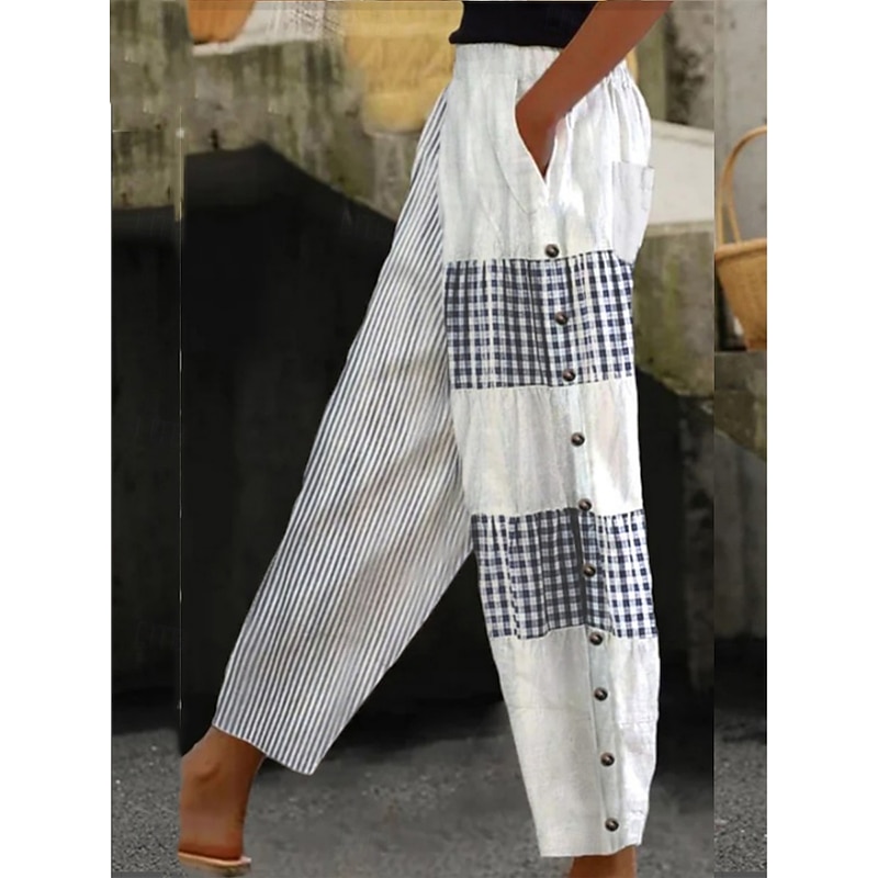 Women's Cotton Linen Pants Basic Casual Full Length High Waist Floral Plaid Pocket Elastic Waist Print Comfy Outdoor Comfortable Street Daily Wear Going out Black White Ivory Summer Regular Fit