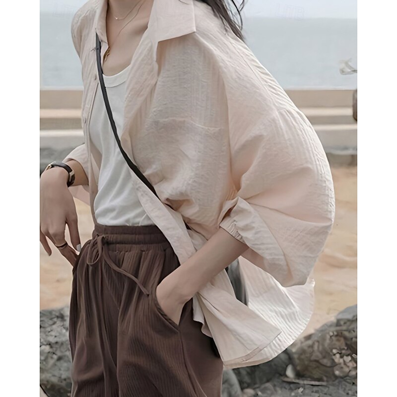 Women's Shirt Button Up Cotton Linen Shirt Blouse Plain Casual Long Sleeve Shirt Collar Regular Tops Daily Holiday Going out Buttons White Pink Green Summer