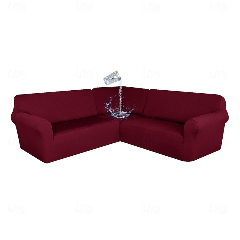 Water Resistant Corner Burgundy Sectional Couch Covers L Shape Sofa Cover Stretch Jacquard Soft Thick U Shaped Slipcovers Set Living Room Universal Non Slip Pet Dog Furniture Protector