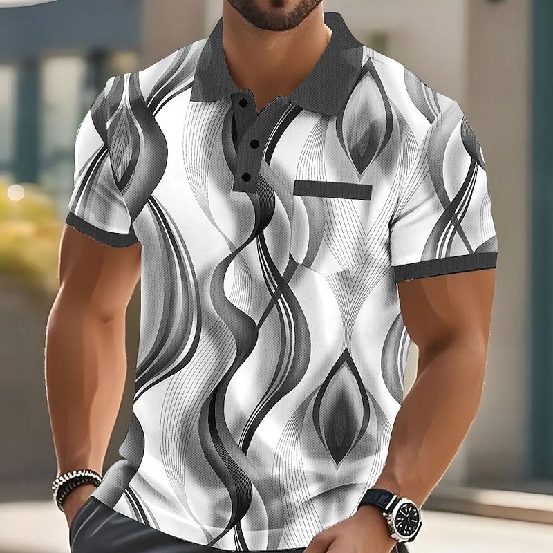 Men's Abstract Geometic Polo Short Sleeve Polo Shirts Collared Shirts Business Casual Outdoor Athleisure Daily Wear Pocket 3D Print Buttons Summer Blue Purple Green4