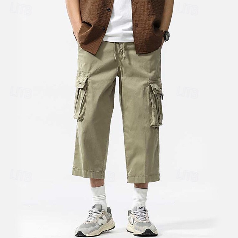 Men's Capri Cargo Shorts Capri Pants Drawstring Elastic Waist Multi Pocket Plain Comfort Wearable Calf-Length Outdoor Sport Daily Fashion Casual Black Khaki2
