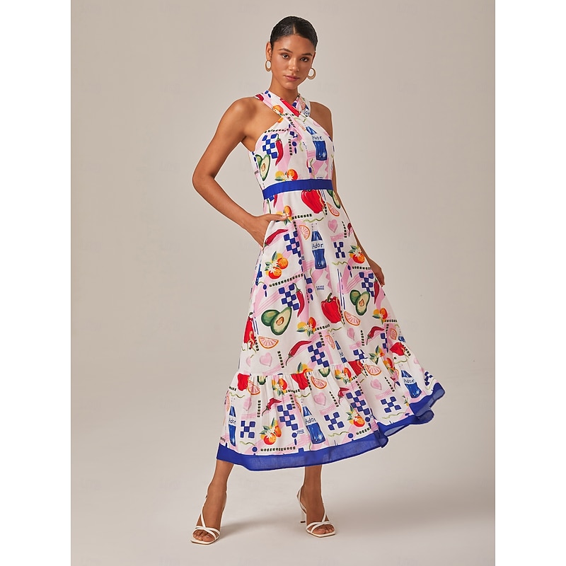 Tropical Fruit And Vegetable Print Halter Neck Long Dress