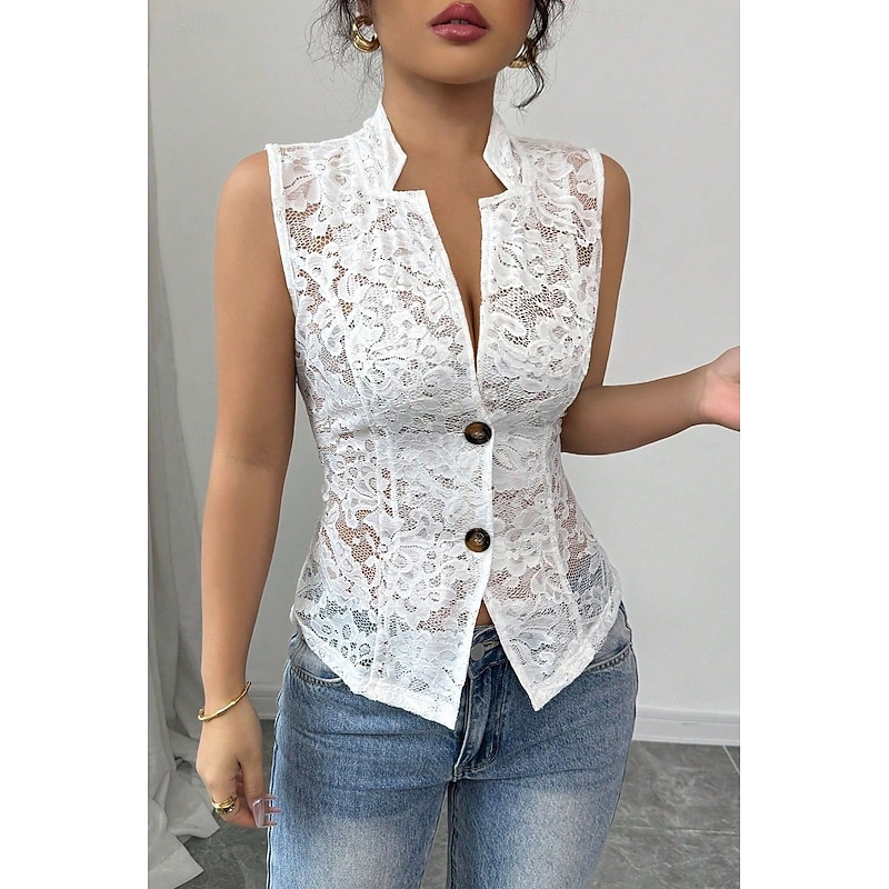Women's Blouse Lace Tops Plain Elegant Modern Sleeveless V Neck Regular Tops Daily Holiday Going out Lace White Summer