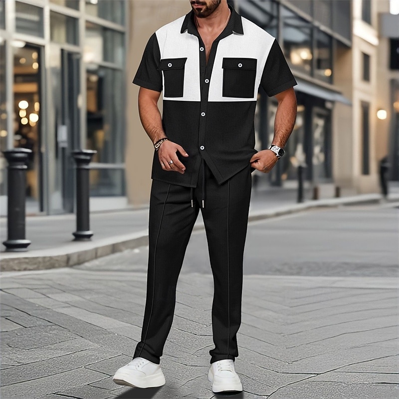Men's T-shirt Suits Pants Sets 2 Pieces Outfits Short Sleeve Shirt Collar Summer Color Block Fashion Casual 2 Piece Vacation Daily Wear Going out Black Wine Dark Green Top Tee for Men4