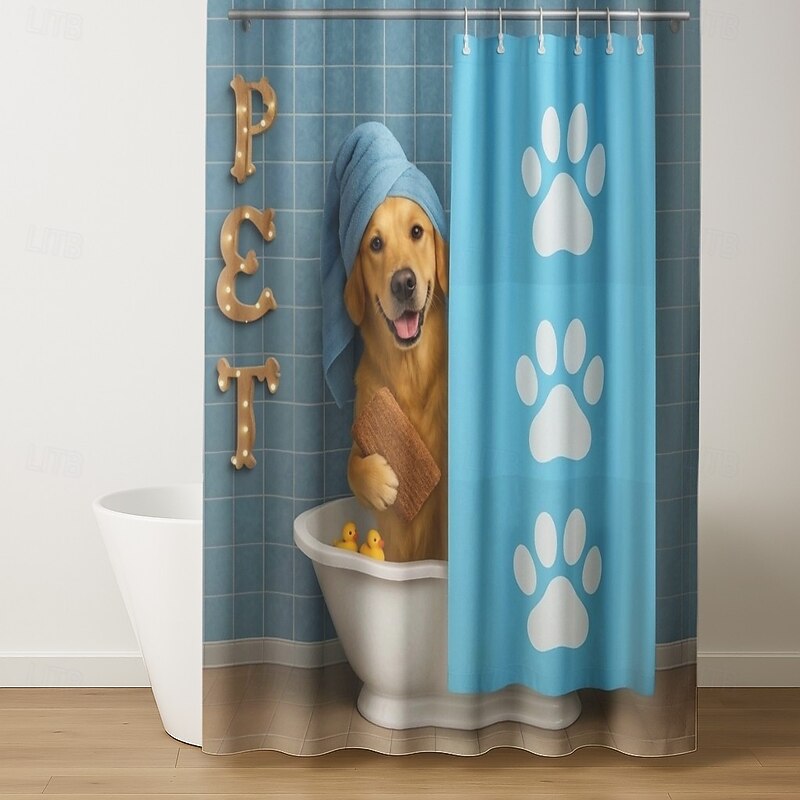 Shower Curtain with Hooks 180cm*180cm(70"*70") Polyester Washable Waterproof Pattern Bathroom Bathtub Decor Animal Dog4