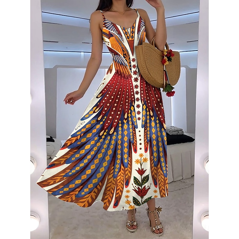Women's Maxi Dress A Line Dress Slip Dress Vacation Casual Boho Going out Beach Regular Fit Floral Graphic Feather Sleeveless V Neck Blue Orange Green Rose Pink Summer Spring
