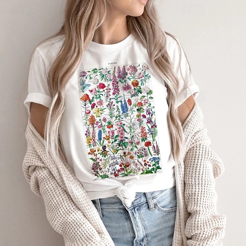 Women's Blouse Flower Casual Short Sleeve Crew Neck Regular Tops Daily Holiday Going out Print White Khaki Summer