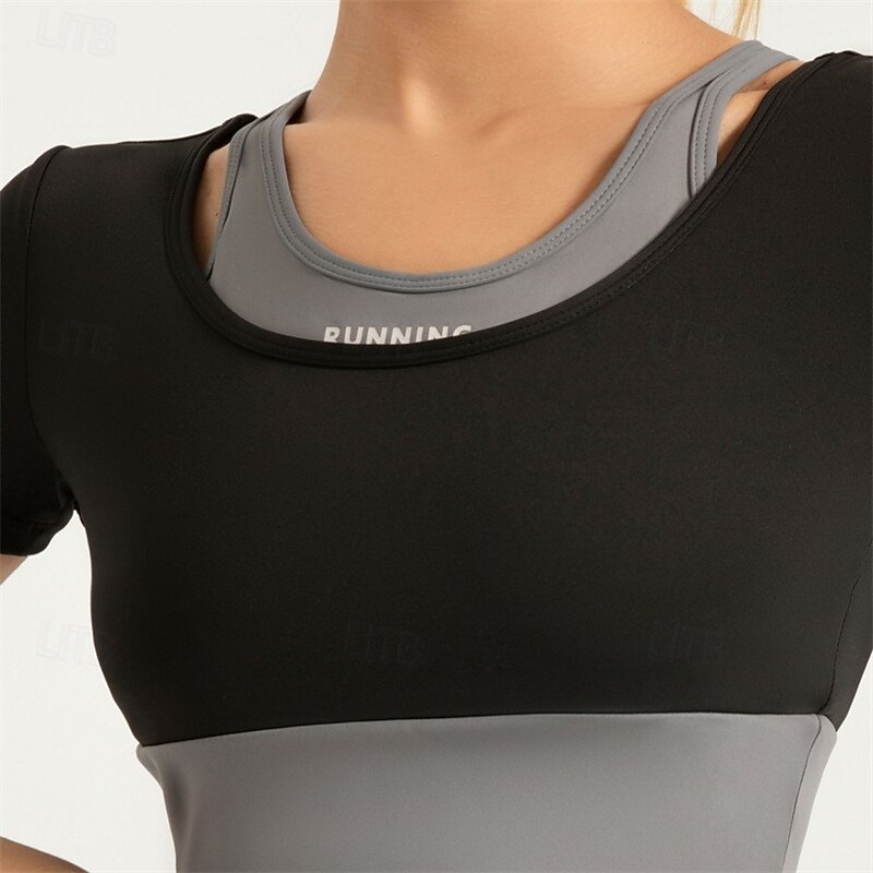 Women's Yoga Top Scoop Neck Breathable Patchwork Short Sleeve Sports Solid Color Tee Tshirt Top For Running Fitness Yoga Loose Fit Activewear4