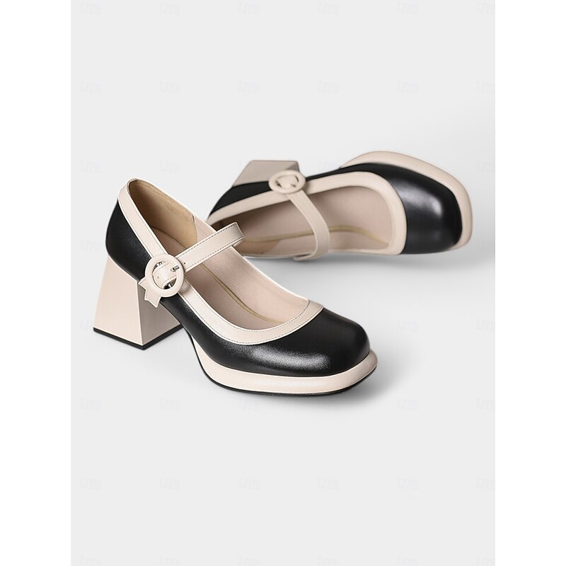 Women's Black and White Chunky Heel Mary Jane Pumps – 1950s Retro Style Statement Shoes for Fashion-Forward Office and Party Looks4