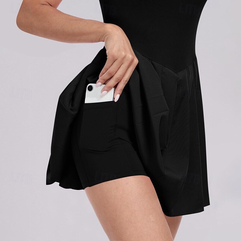 Women's Solid Colored Tennis Dress with Shorts Sports Dress Sleeveless Pleated Breathable Tennis Golf Pickleball Square Neck Dress Black Blue Dark Green Tennis Clothing4