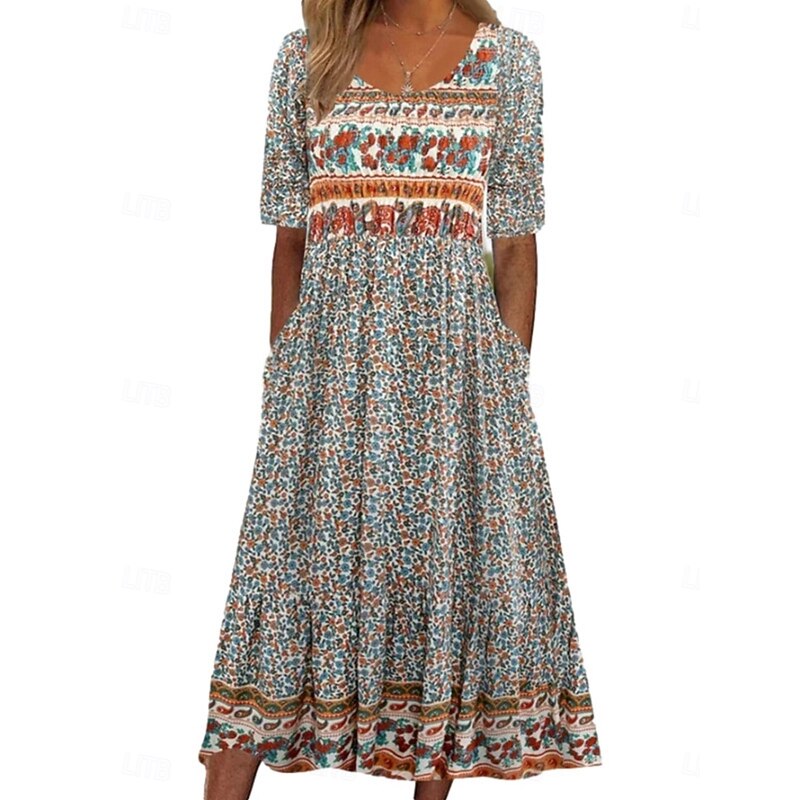Women's Midi Dress A Line Dress Fit And Flare Dress Vacation Casual Boho Outdoor Going out Regular Fit Floral Graphic Half Sleeve Crewneck Deep Green Navy Blue Fuchsia Green Summer2
