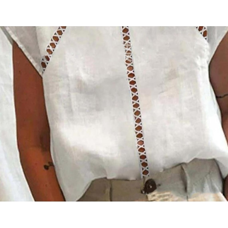 Women's Cotton Linen/Linen Like Shirt Solid Color Bohemia Daily Stylish Long Sleeve Shirt Collar Regular Tops Daily Holiday Going out Patchwork White Summer Spring3