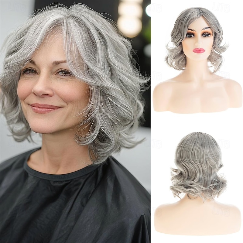Short Grey Bob Wig for Women Shoudler Length Natural Wavy Heat Resistant Synthetic Daily Party