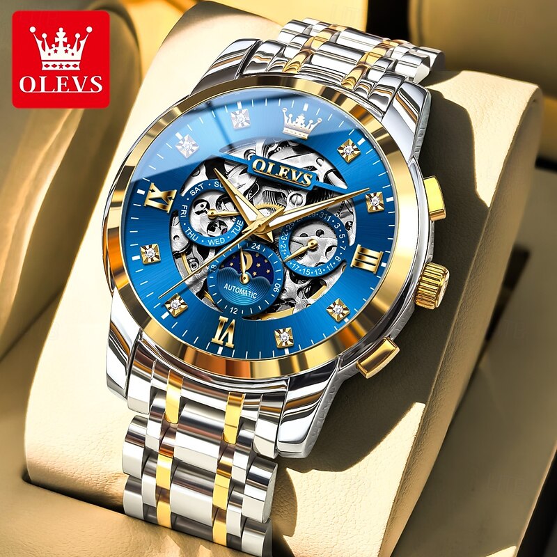 OLEVS Men's Mechanical Watch, Luxury Large Dial, Hollow Skeleton, Automatic Self-Winding, Moon Phase Luminous Steel Wristwatch
