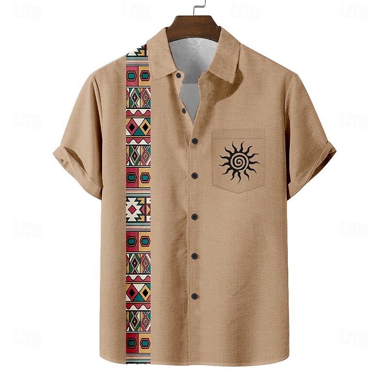 Men's Sun Aztec Ethnic Shirt Summer Shirt Button Up Shirt Short Sleeve Vintage Retro Holiday Casual Daily Summer Turndown 3D Print Front One Pocket Linen Like Shirt Blue Green Khaki Apricot2