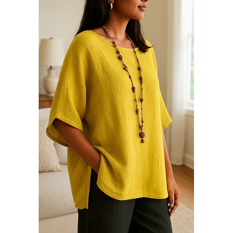 Women's Shirt Cotton Linen Shirt Plain Daily Stylish Basic 3/4 Length Sleeve Crew Neck Regular Tops Work Daily Holiday Yellow Pink Spring Fall2